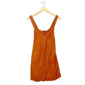 Anthropologie Maeve Linen Button Front Mini Dress Burnt Orange XS